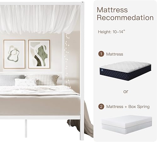 Miniatura 16 de ikalido Marco de cama con dosel de metal de tamaño matrimonial, marco de cama moderno con plataforma de cuatro posters, base de colchón, espacio de