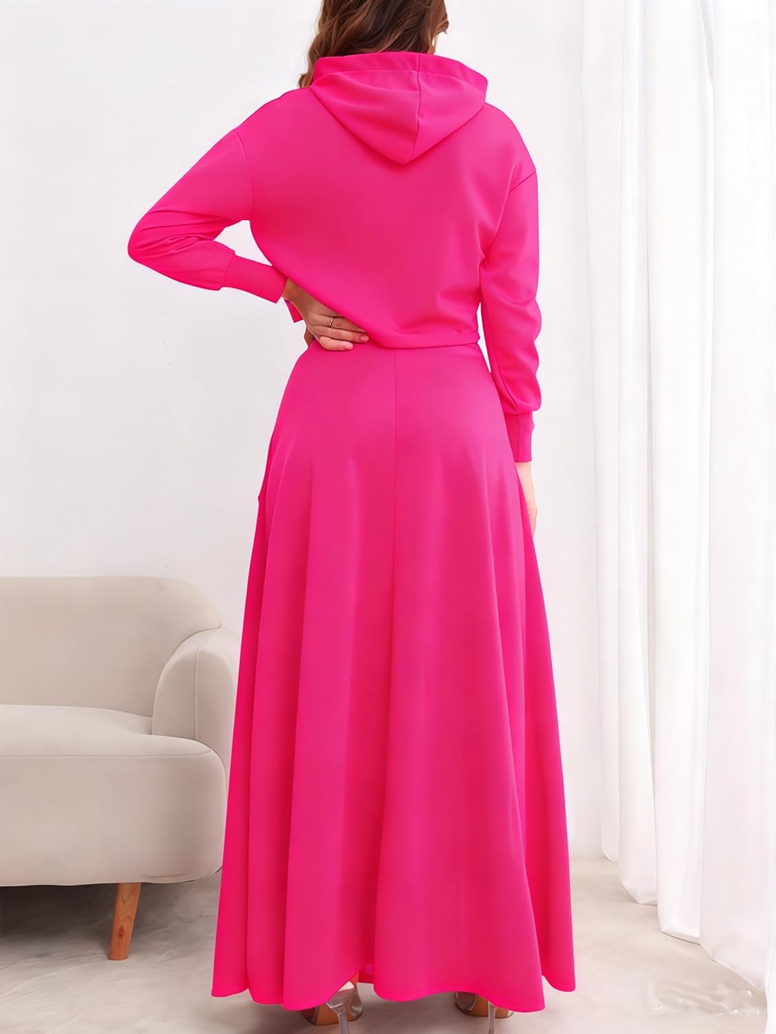 AirZeal Hoodie Skirt Set Women 2 Piece Outfits Cropped Long Sleeve Hoodies and High Slit Maxi Skirt with Pockets - Image 2