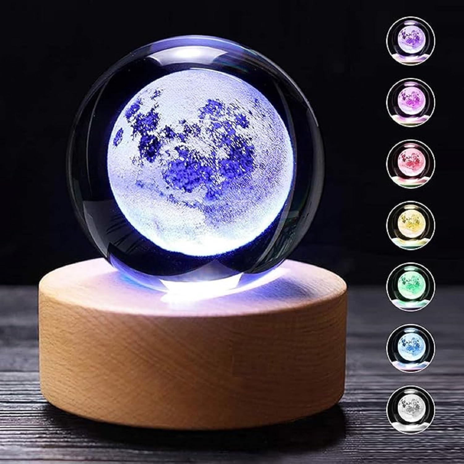 3D Crystal Ball with LED Wooden Base-Solar System Night Light, 3D Crystal Ball, Galaxy Lamp Ball,Light Lamp with USB Powered (Moon 16 Color Changing)