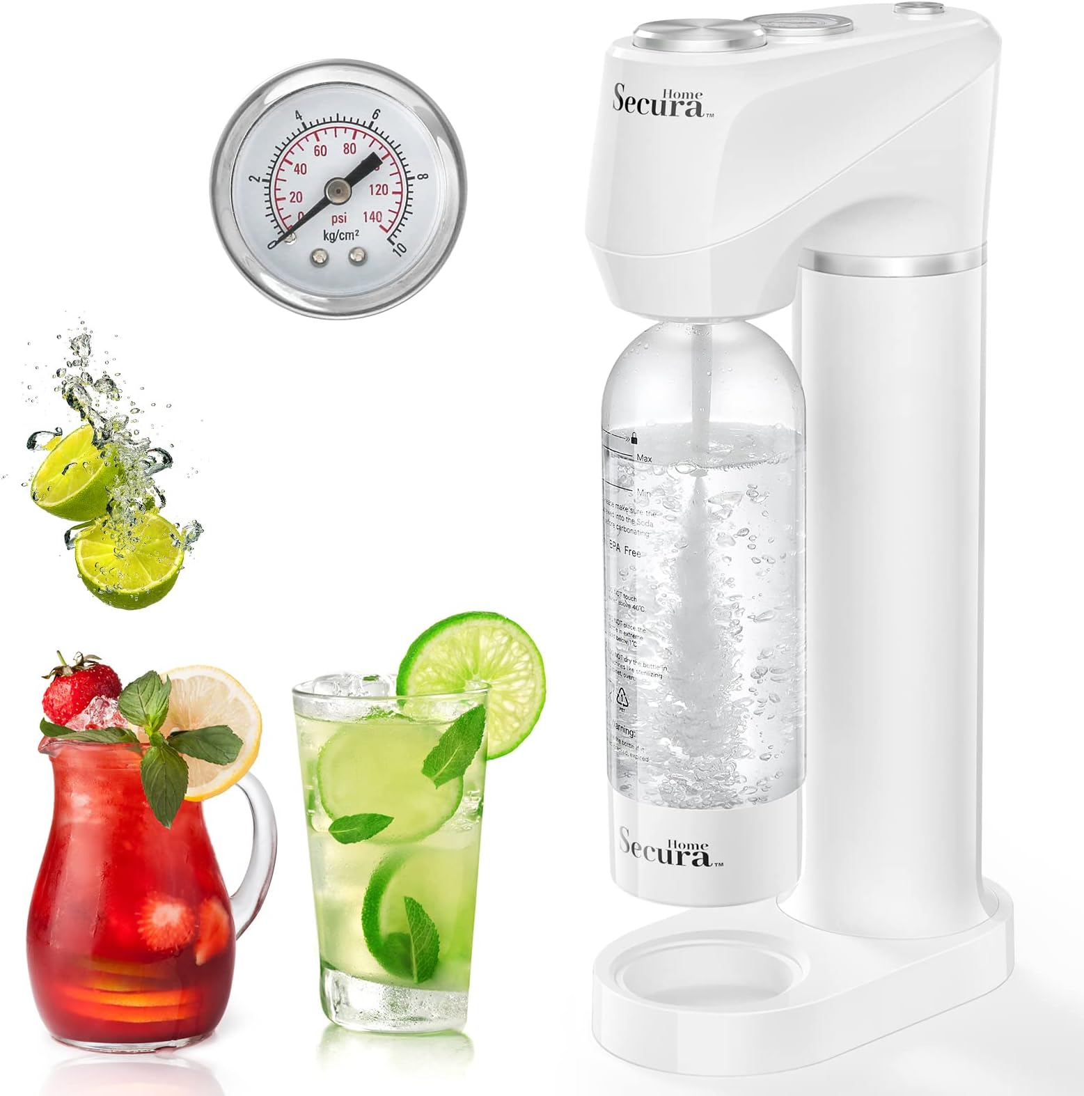 Secura Home Sparkling Water Machine | Exclusive Pressure Gauge Tech | Quick & Customize Carbonation for Any Drink, with BPA Free PET Bottle, Compatible 60L CO2 Exchange Cylinder (NOT Included)