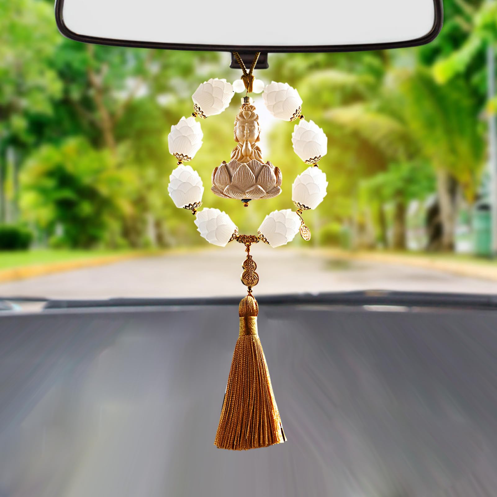 Pendentif Bouddha En Bois De Pin Pour Rétroviseur - Décoration Voiture Porte-bonheur - Longueur 35 Cm