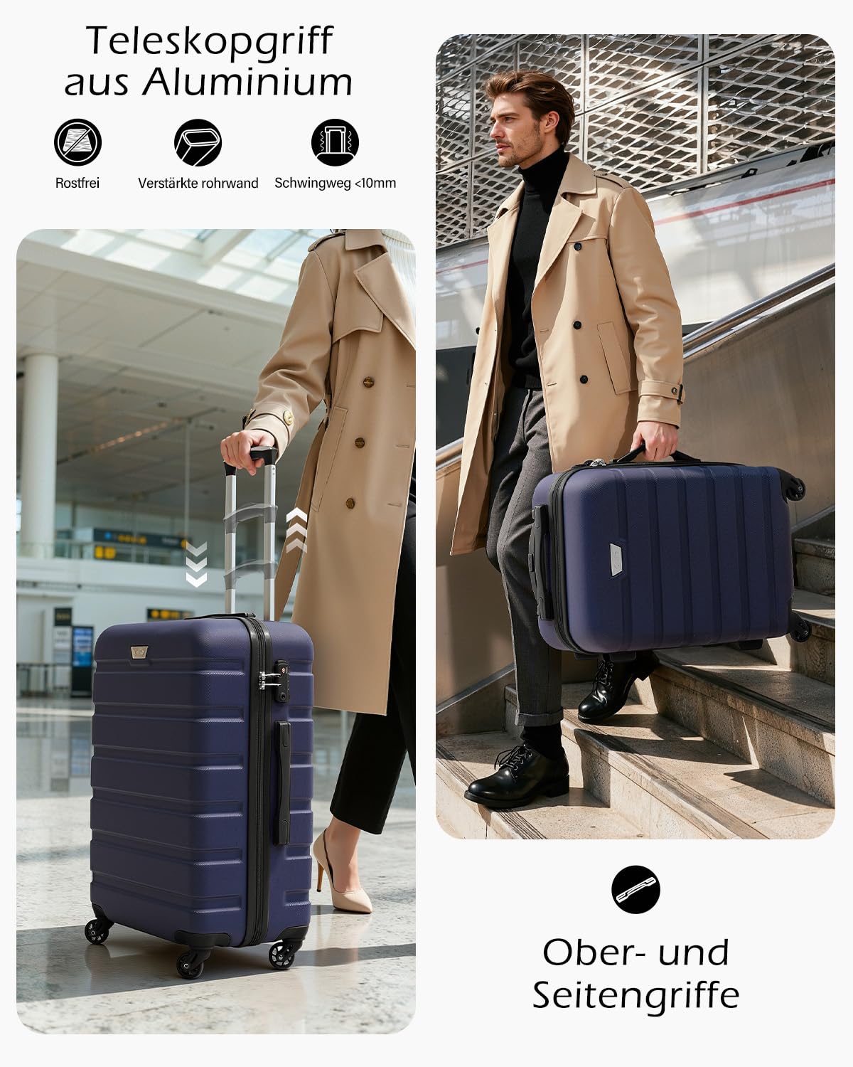 COOLIFE Set de 3 Valises pour Voyages en Famille et à l'International, ABS+PC, Rigide, Valises avec Roues Pivotantes à 360°, Fermetures Éclair YKK, Serrures à Combinaison TSA,Dunkelblau