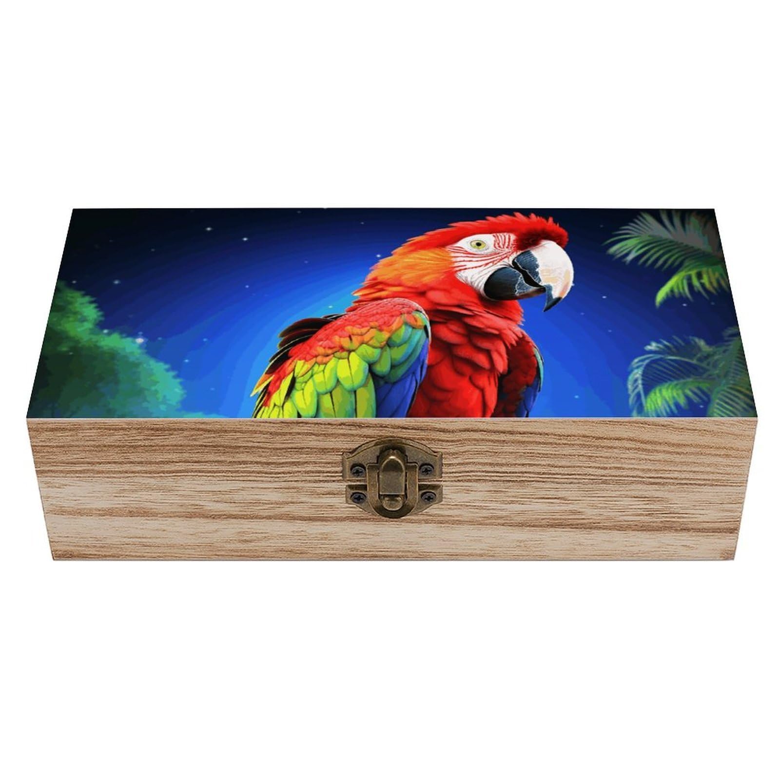 Oudrspo Parrot Wooden Keepsake Box Decorative Memory Storage Box with Hinged Lid Small Jewelry Keepsake Boxes for Storing Gift Pictures Letters Time Capsule
