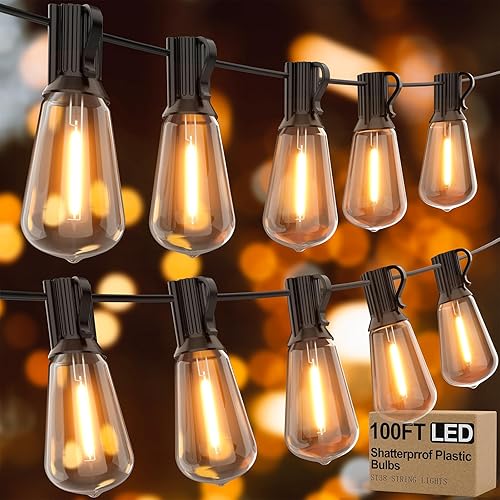 Outdoor String Lights 100ft ST38 Patio Lights with Waterproof Shatterproof 50(+2) LED Bulbs,Outside Hanging Vintage Edison Lights for Porch, Deck, Garden, Backyard, Balcony, 2700K Dimmable