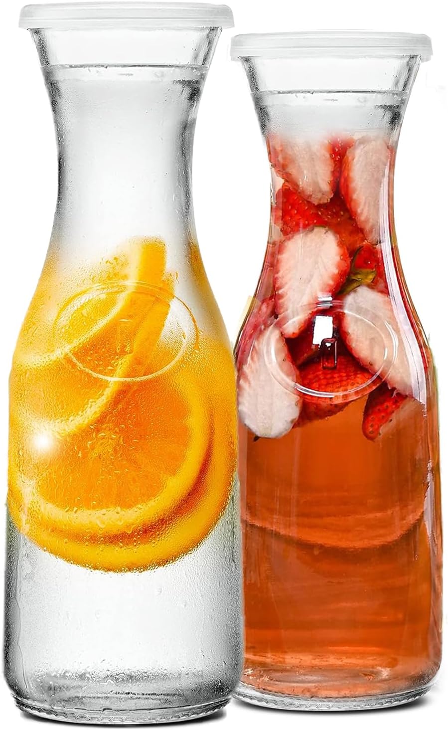 Glass Carafe 1 Liter With Lid For 1 Liter (2), Water, Juice Serving, Tall Narrow Neck Design, 33oz, Set of 2, Clear