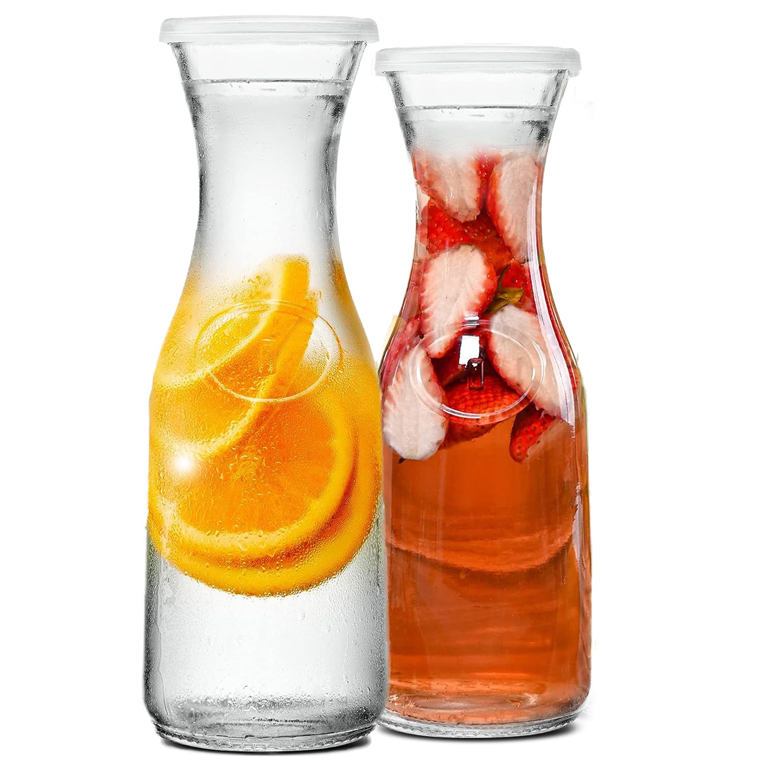 AquaFalcon Glass Carafe 1 Liter With Lid For 1 Liter (2), Water, Juice Serving, Tall Narrow Neck Design, 33oz, Set of 2, Clear