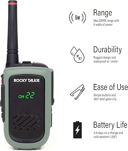 Miniatura 2 de Rocky Talkie Rocky Talkie - Radio de 5 vatios con micrófono de mano impermeable, radio GMRS con impermeabilización IP67, Walkie Talkie de largo