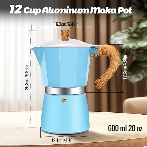 Miniatura 2 de Cafetera clásica de aluminio para 12 tazas, 20.3 fl oz, 20 onzas, cafetera de café moca, olla greca, cafetera para café italiano y cubano, color azul