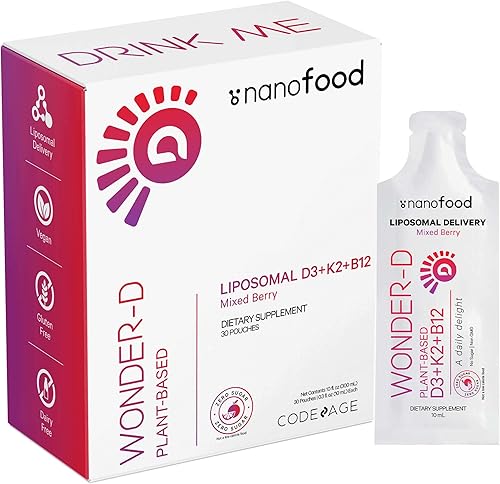 Codeage Suplemento líquido liposomal de vitamina D3, suplemento multivitamínico vegano de colecalciferol Wonder-D, vitaminas a base de plantas K2