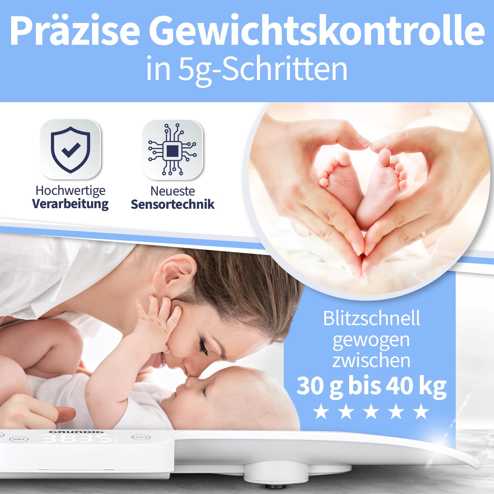 GRUNDIG Babywaage mit Körperlängen Messung - hochpräzise Baby Waage mit Hold Automatik für genaue Ergebnisse bei Strampelmäusen - Digital Scale mit Tara Funktion - bis 40kg belastbar (inkl. Batterien)
