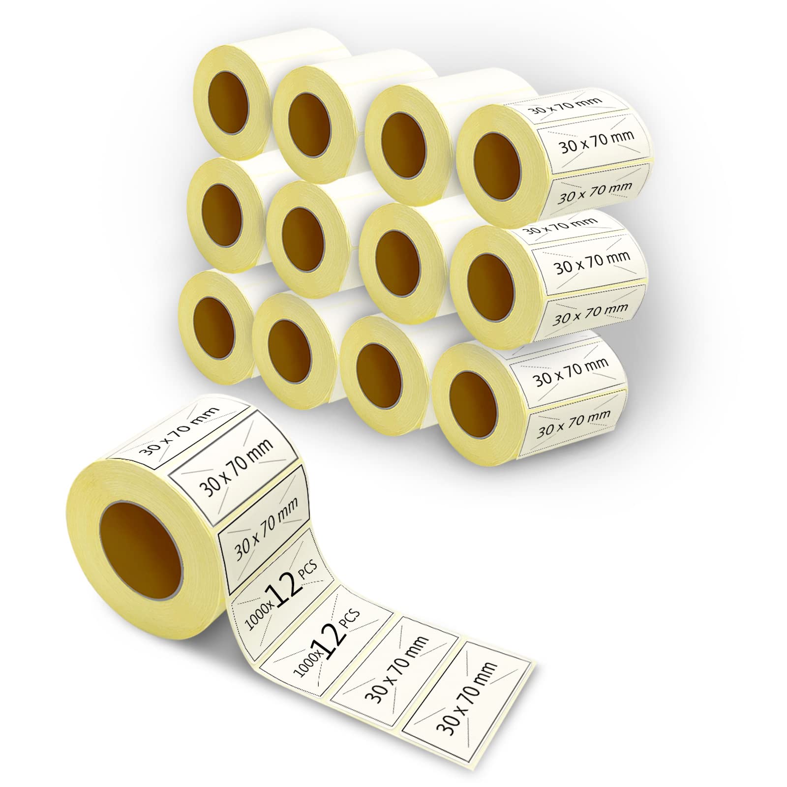 【Buon Prezzo】70×30MM Etichette Termiche Adesive 12000 Pezzi/12 Rotoli Foro 40mm Etichette Adesive Personalizzate Etichette Adesive Per Stampante/Etichettrice Multiuso Per Ufficio Indirizzi|7×3CM