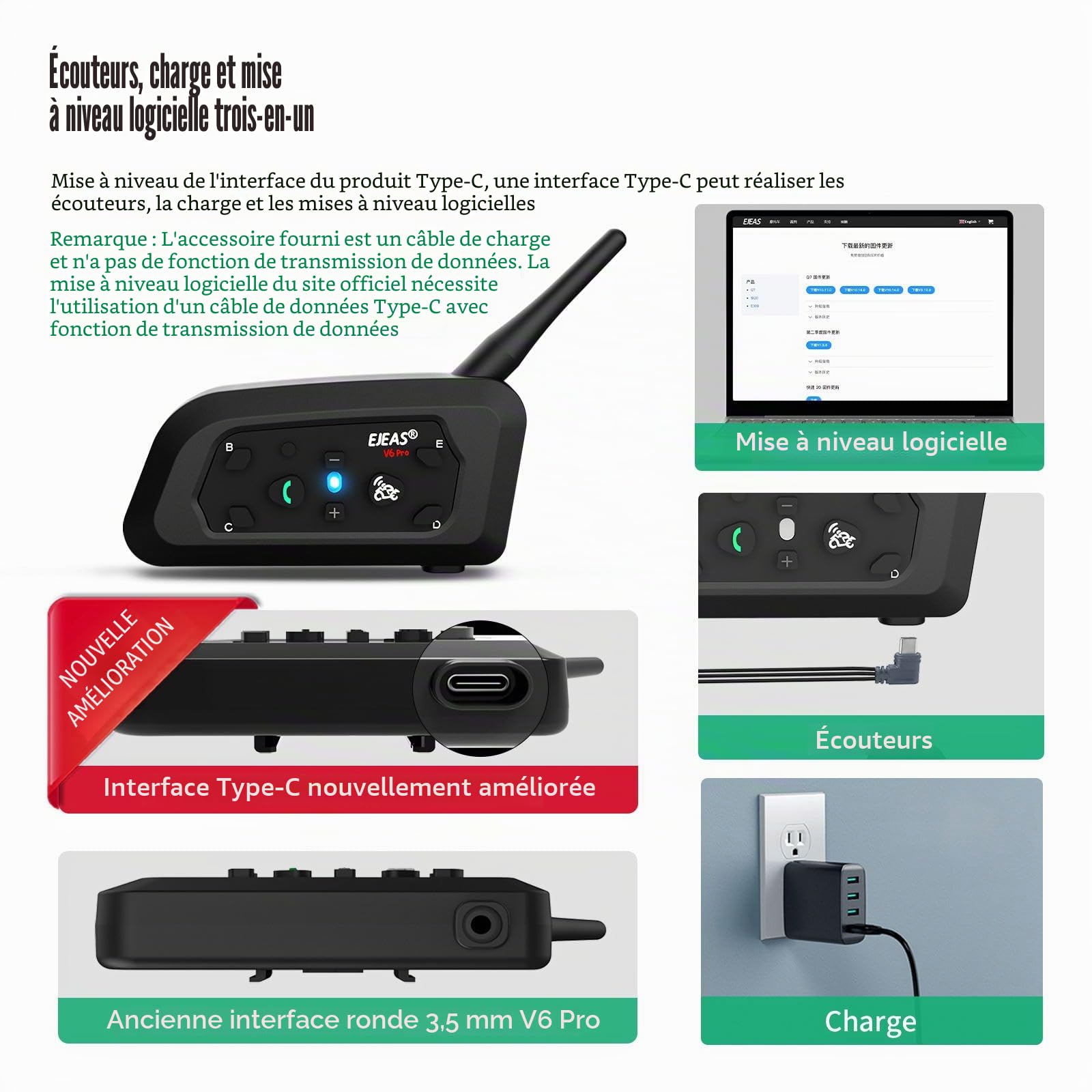 EJEAS V6 Intercom Moto Bluetooth, Main Libre Casque Duo pour 6 Conducteurs Système de Communication Interphone Moto avec Suppression Bruit pour Casque Motocyclette/ATV, USB-C (2 Paquets)