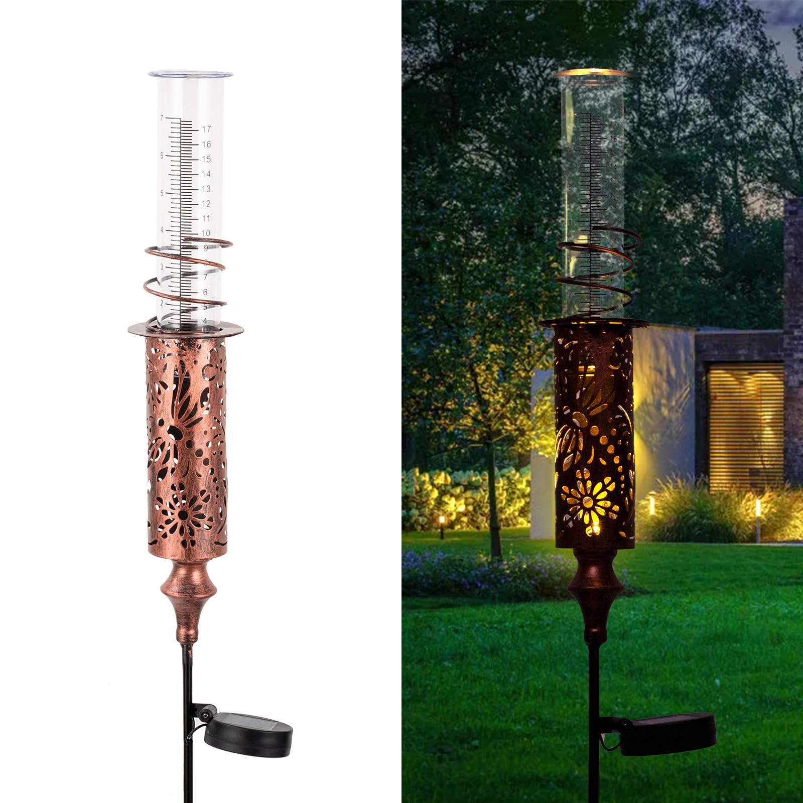 Regenmesser für den Außenbereich, Solar-Regenmesser für Hof, frostsicherer Regenmesser mit 17,8 cm Kunststoffrohr, Kupfer-Metall, dekorativer Gartenstecker mit LED-Licht
