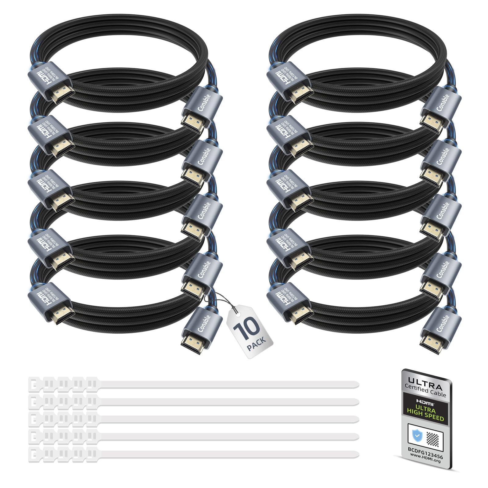 8K HDMI 2.1 Kabel, 3 m (10 Stück), zertifiziertes 48 Gbit/s Ultra High Speed HDMI-Kabel, 10K 8K @ 100Hz, 4K @ 120Hz, HDCP 2.2&2.3 eARC HDR 10 Dolby DTS:X, kompatibel mit PS5/Blu-ray/HDTV/Roku TV