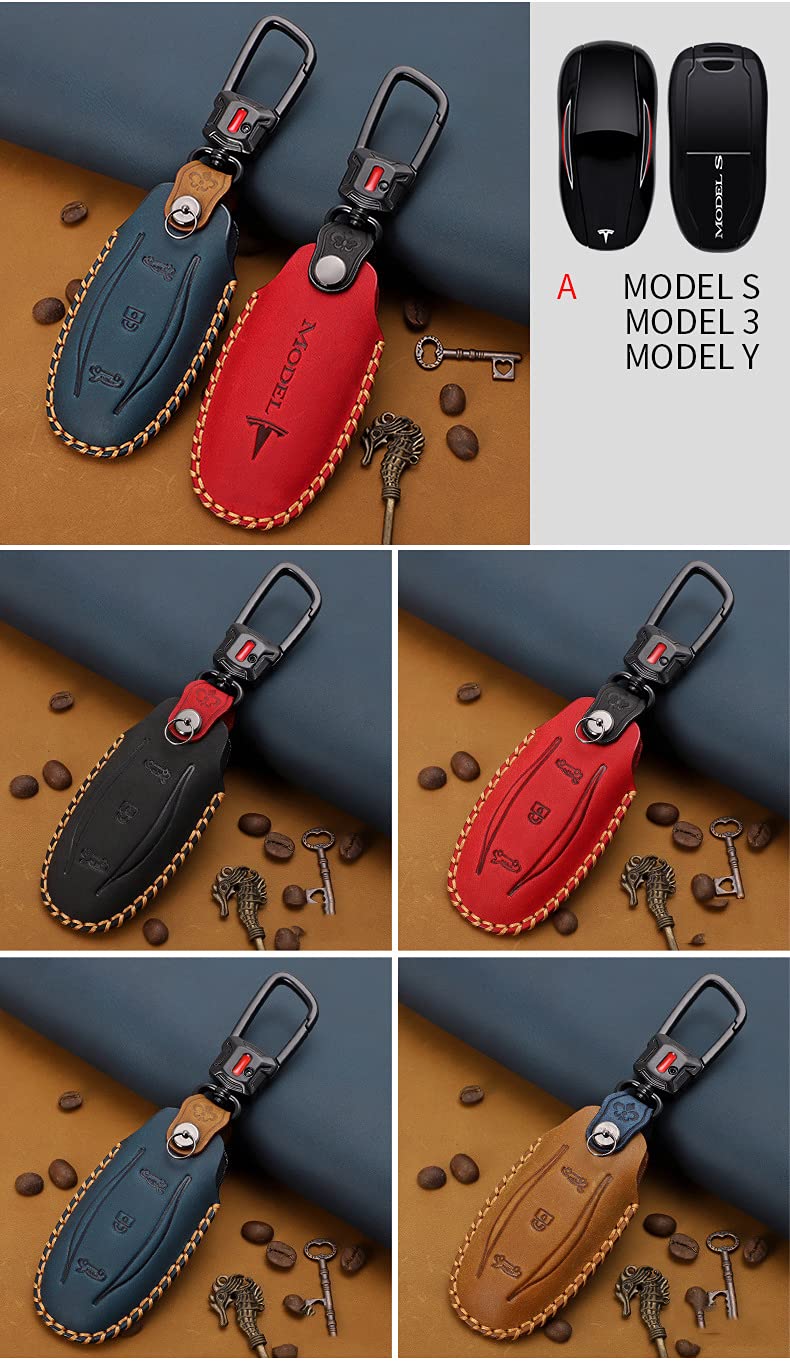 Ontto Custodia In Pelle Per Chiave Tesla - Adatta Per Model 3, Model Y, Model S, Model X - Colore Marrone, Con Portachiavi