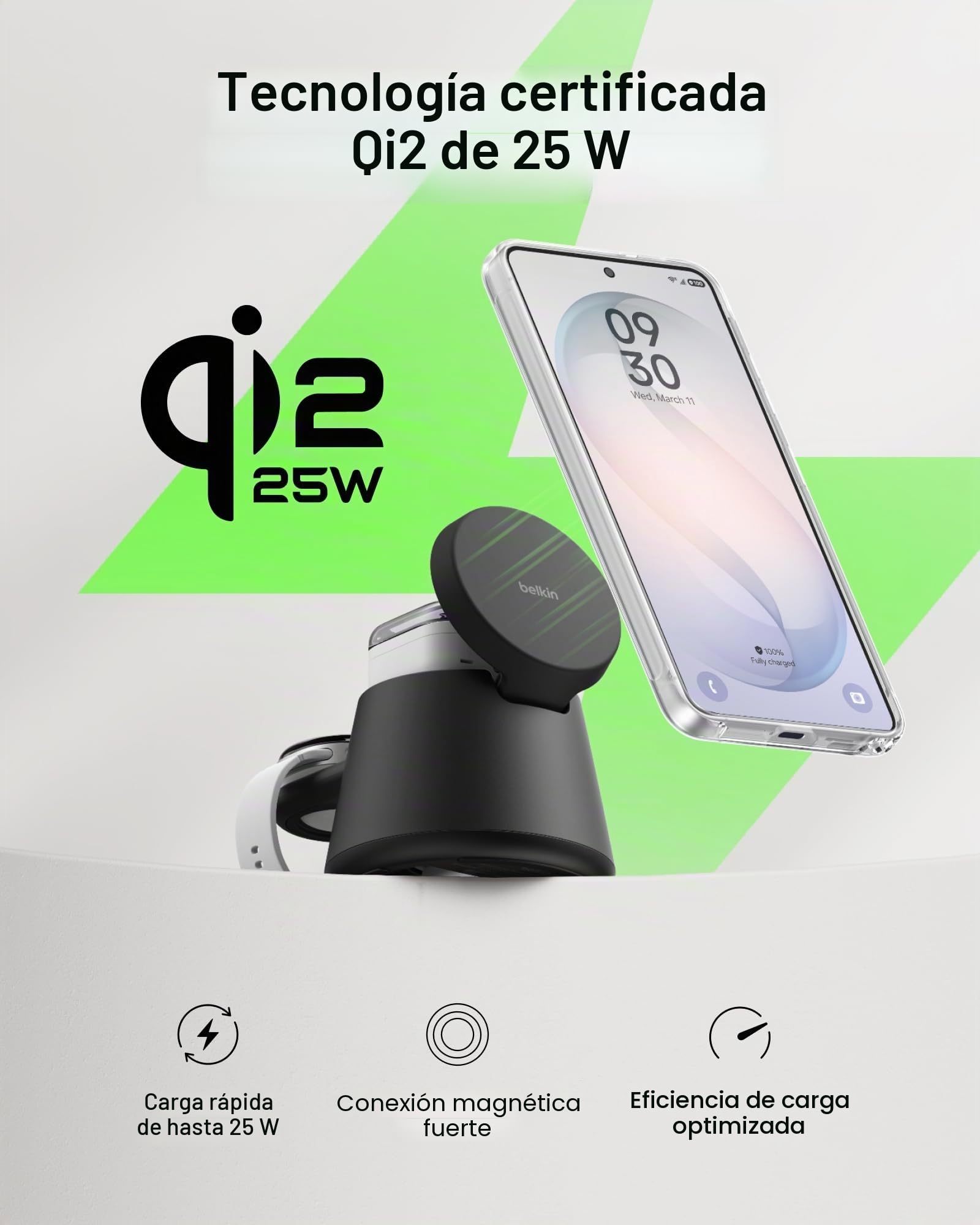 Belkin Qi2.2 - Estación de carga inalámbrica magnética de 25 W, cargador Samsung 3 en 1