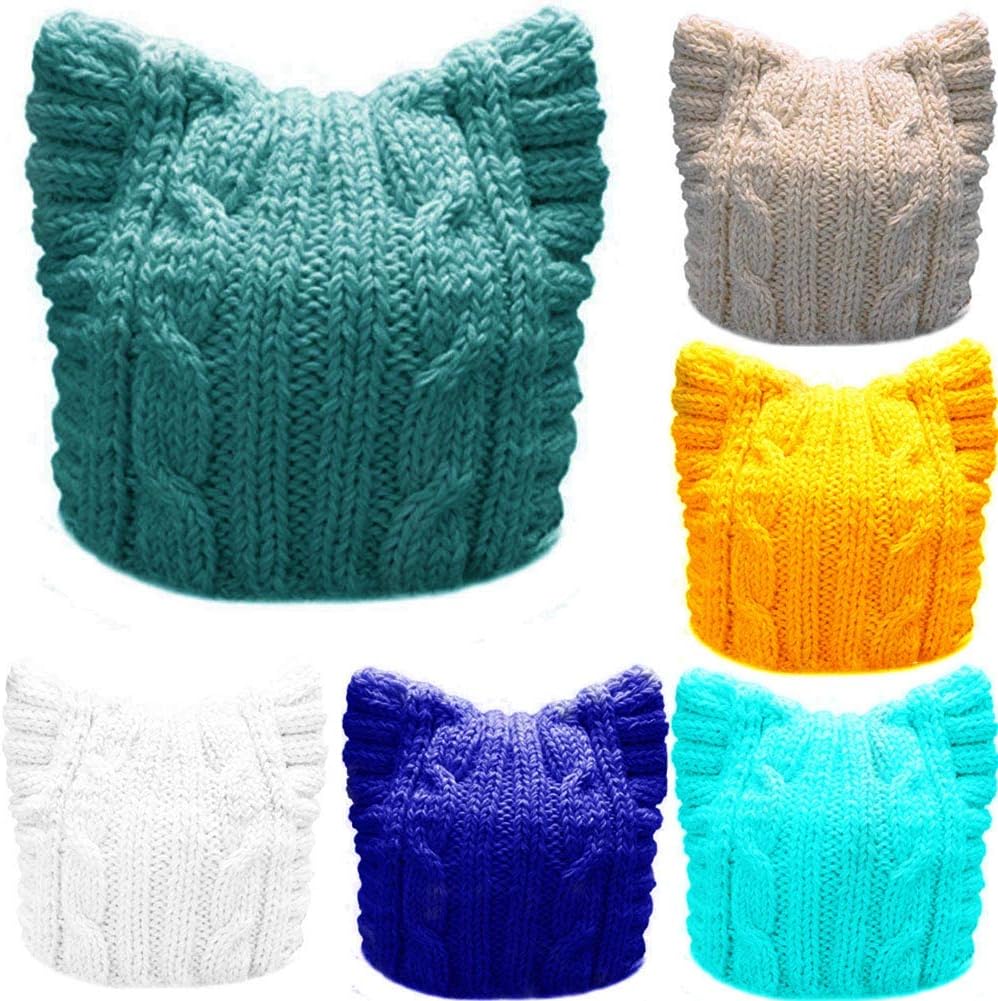 BIBITIME 6 PCS Handmade Knitted Ears Beanie Pussycat Hat Women March Rights Caps (Peacock Blue,Beige,Yellow,SkyBlue,Royal Blue,White, Fit Average Adult)