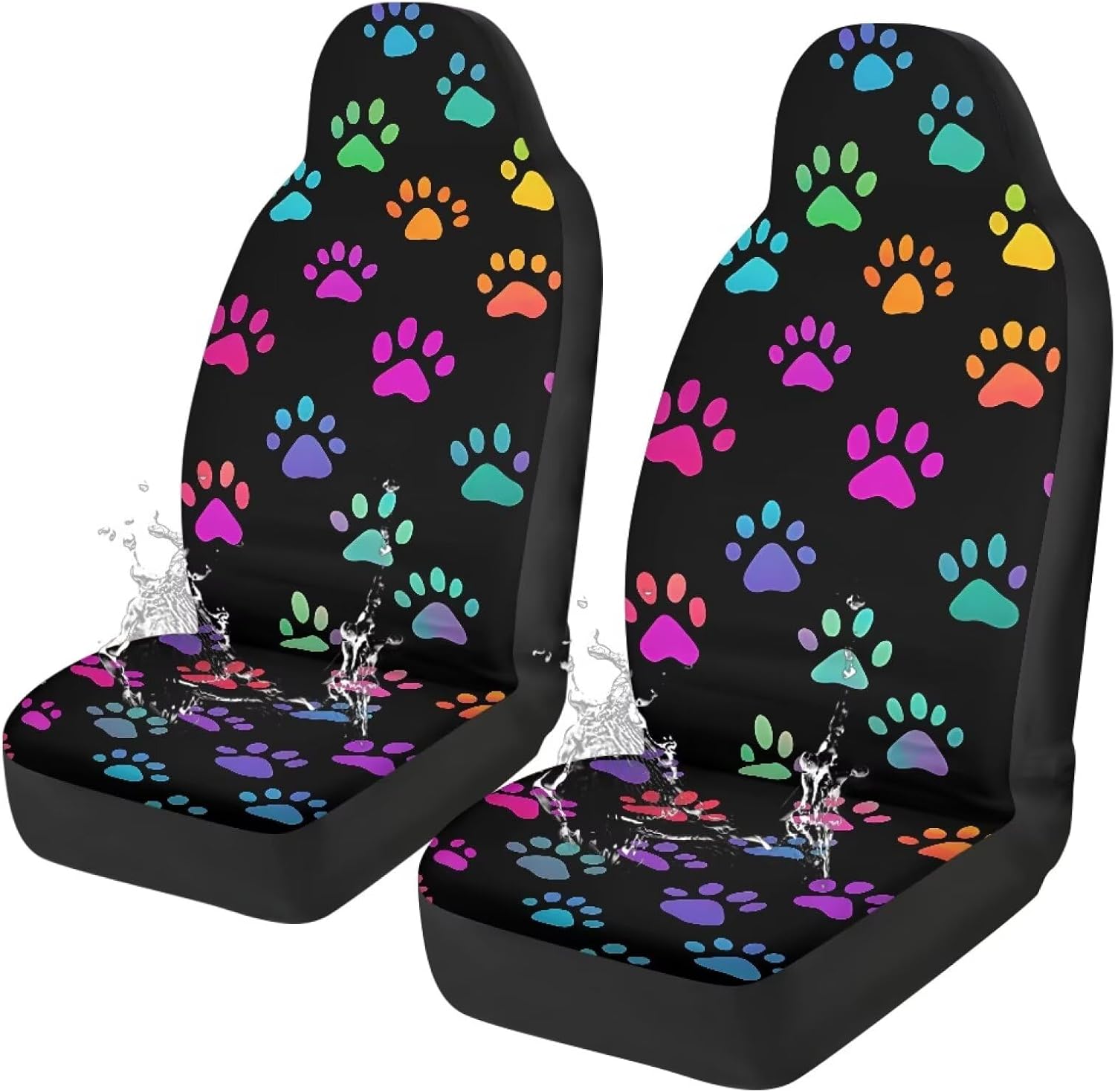 Colorful Dog Paws Car Seat Covers Waterproof Front Seat Covers Easy Installation Stretch Polyester Fabric Cover Protection Interior Accessories Universal Fit Most Cars,SUV, Trucks