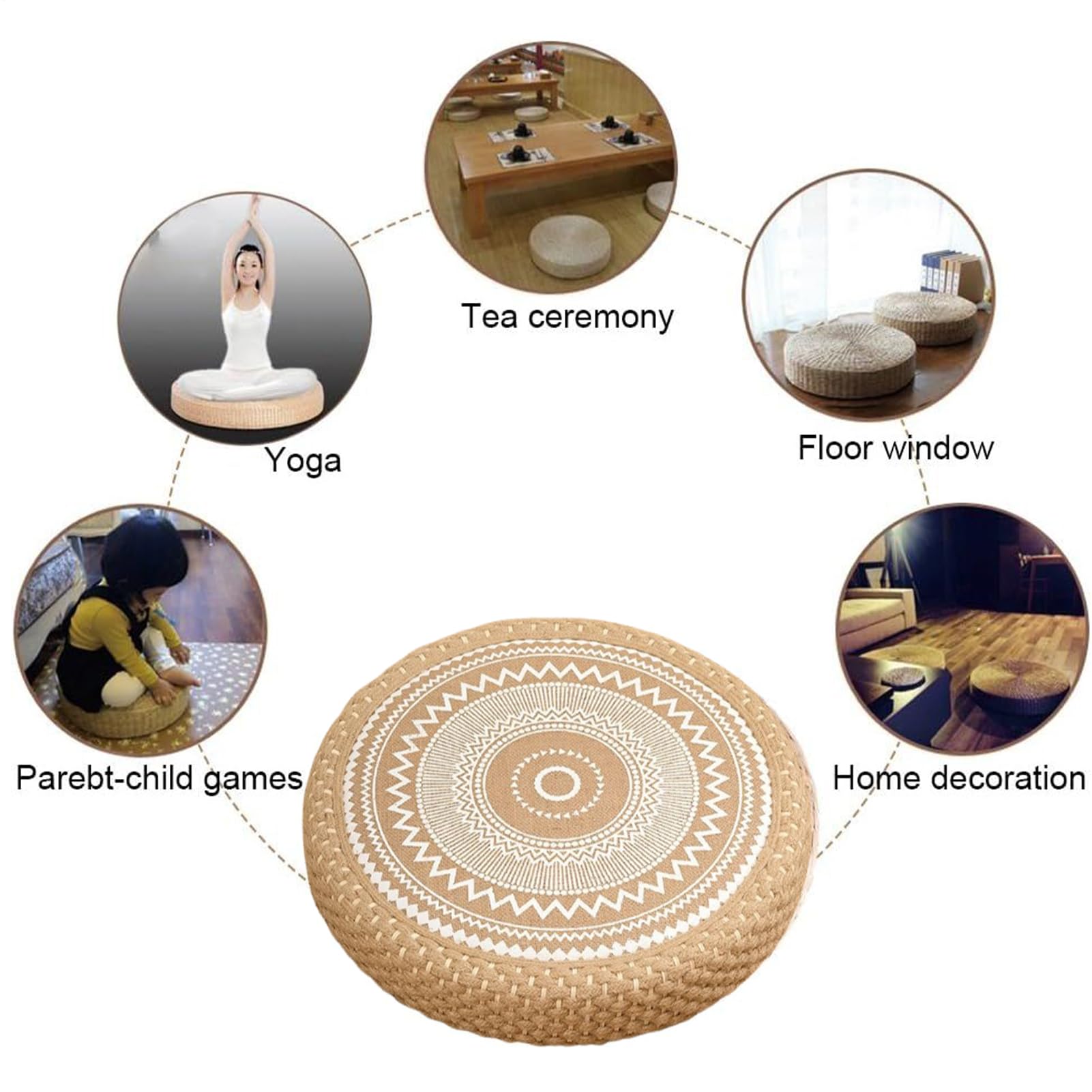 Cuscino per Meditazione Cuscino Rotondo Intrecciato in Paglia per Pavimento | Stile Boho per Arredamento Casa Yoga Soggiorno Sala da Tè Esterno e Interno