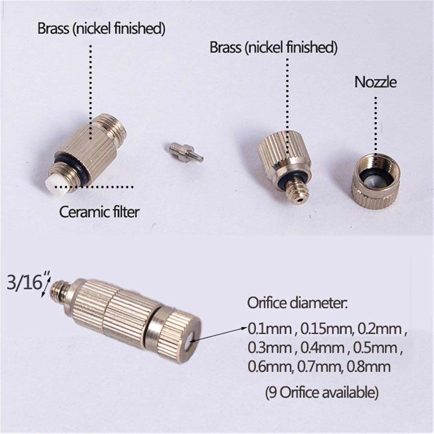 60pcs Misting Nozzle Kit for Cooling System Brass Mister Nozzles High Pressure 3/16" Threaded, Garden Water Mister, Fog Nozzles, Anti-drip Fogging Spray Head (Size : 0.5mm)