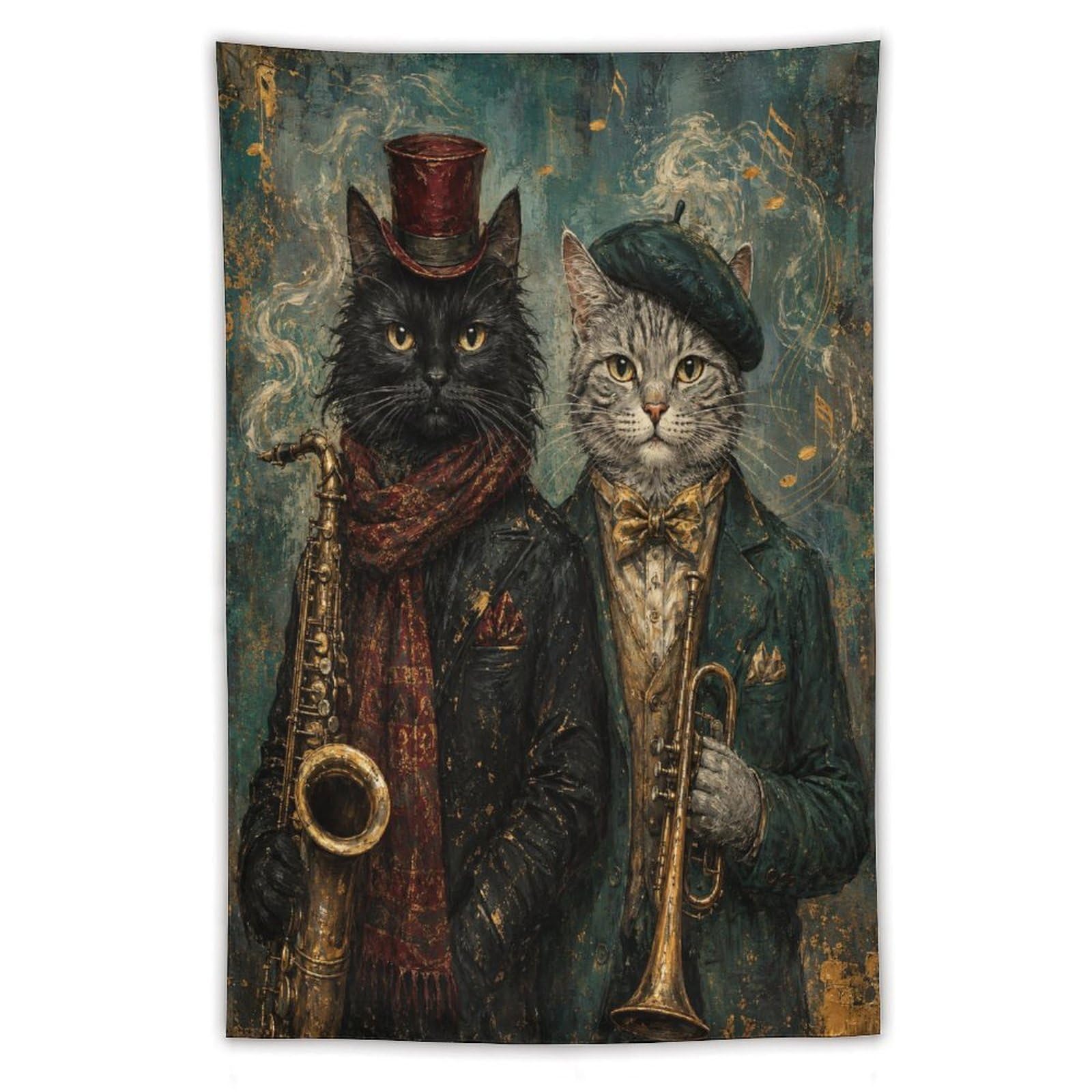 W7C8U2X3 Vintage Musician Cats Wall Tapestry, Oil Painting, Sofa Area