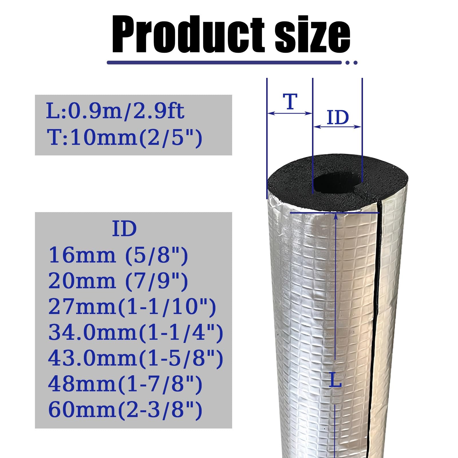 Tubo aislante de protección contra heladas de 0,9 m para uso en exteriores, funda de aislamiento de papel de aluminio para aire acondicionado, cubiertas industriales de agua caliente y fría (10 mm x
