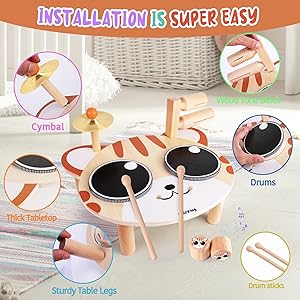 SehrKlug Kids Drum Set for Toddlers 1-3 - Baby Musical Instruments Montessori Toys for 1 Year Old Boys Girls, Warm Color, Baby Drum Set Music Toys Birthday Gifts Ages 1-3-5+