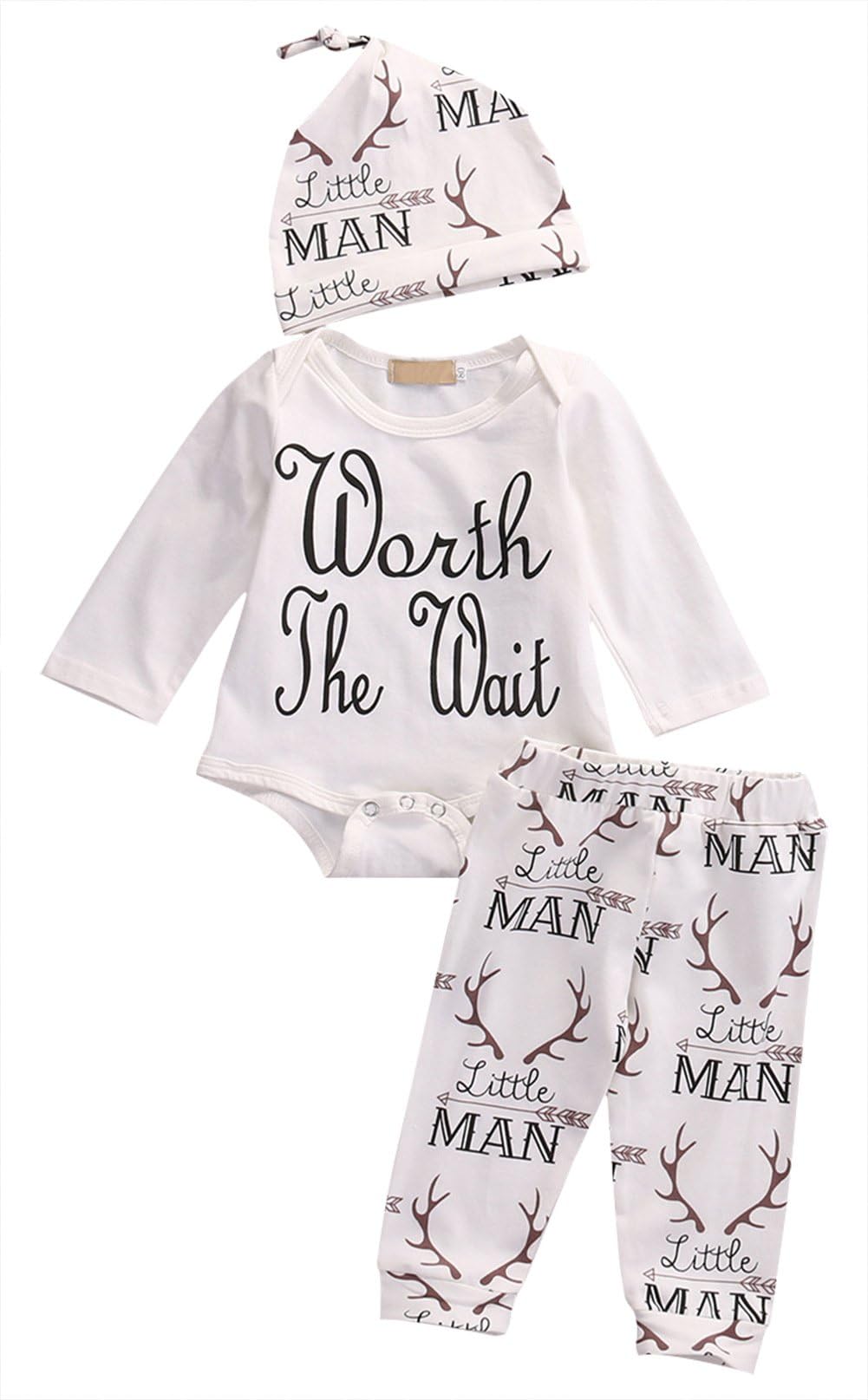 Baby Girls Boys Clothes 3 Pieces Outfits Coming Home Set "Worth the Wait Little Man" Deer Bodysuit Long Sleeve Top T-Shirt +Long Pants+Hat 3 Months