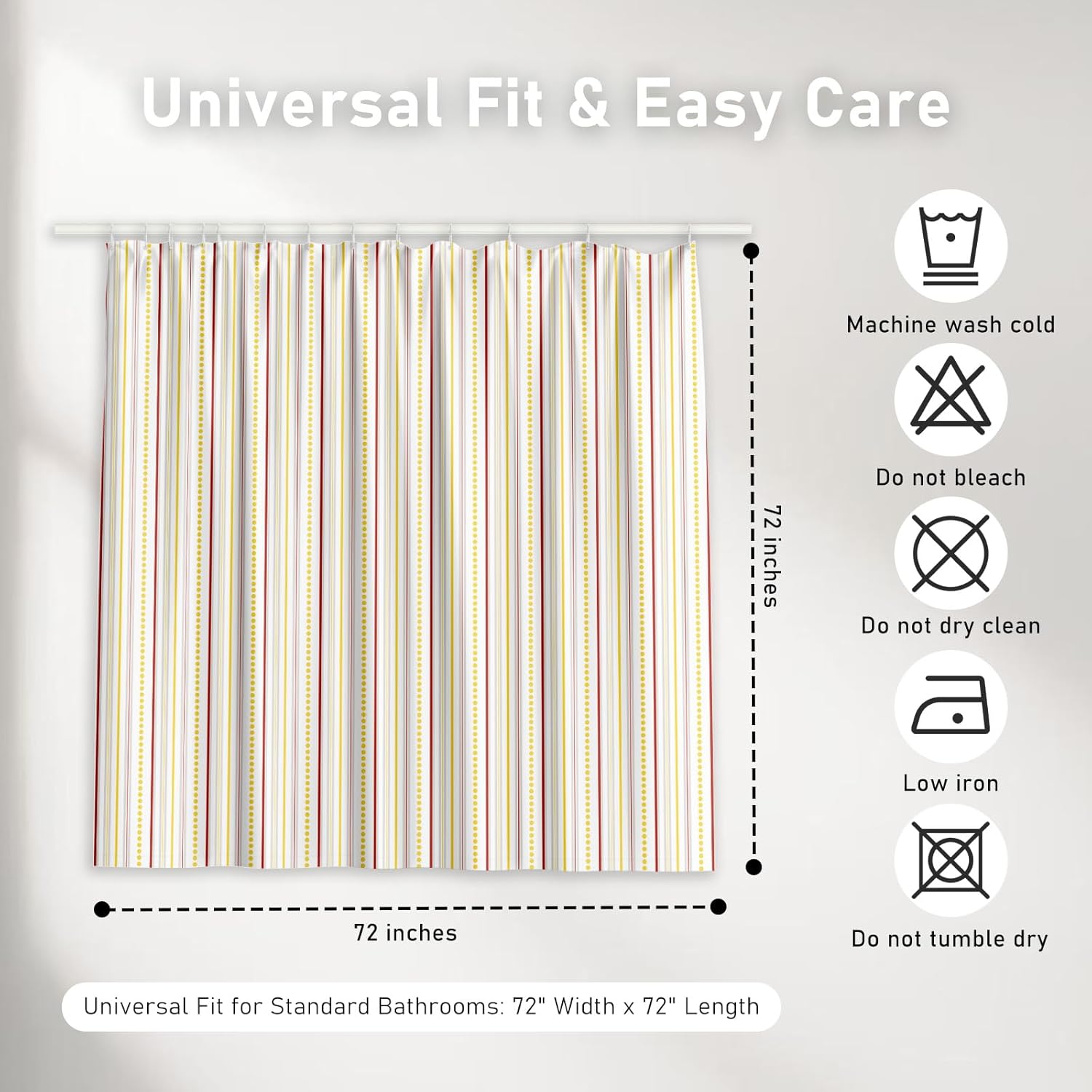 Geometric Shower Curtain for Bathroom – Modern Red & Grey Striped with Yellow Polka Dots Design – Heavy Duty Thick Fabric Bath Curtains, Waterproof & Weighted Hem, 12 Hooks Included (72" x 72")