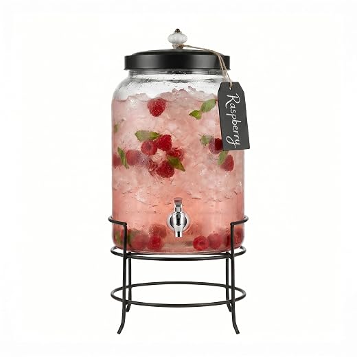 Style Setter Franklin 3 Gallon Glass Beverage Drink Dispensers with Metal Stand & Lid, Tag and Ceramic Knob, Clear, 20x11"
