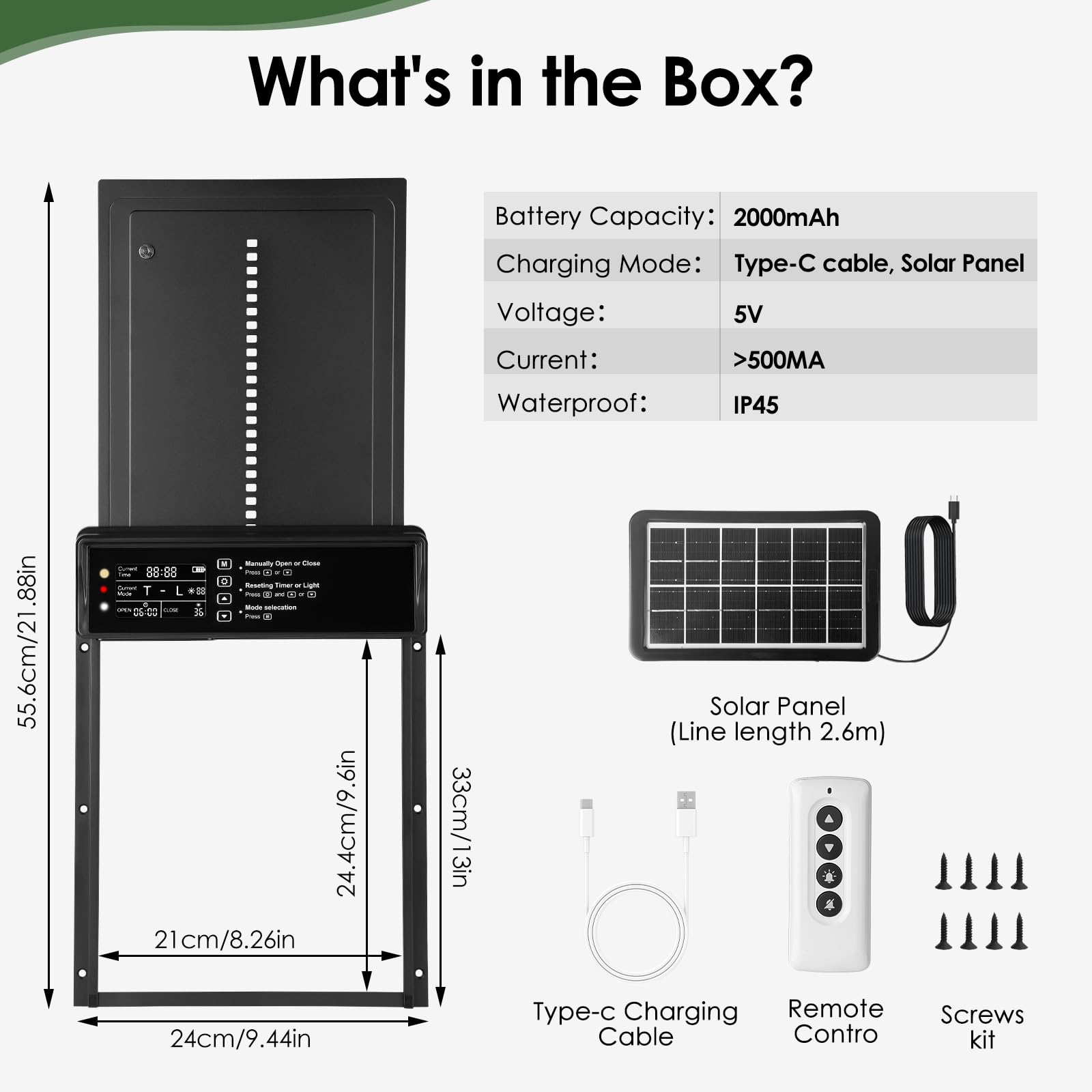 Towwoo Puerta Gallinero Automatica Solar con 24H Temporizador y Pantalla LCD Programable, Impermeable IP45 Anti-pellizco Aluminio Puertas Automaticas, Puerta Automatica Gallinero por Batería Negro
