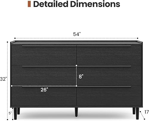 Miniatura 2 de Cómoda moderna y minimalista de 54 pulgadas de ancho para dormitorio, armario grande de almacenamiento de 6 cajones con elegantes asas de metal,