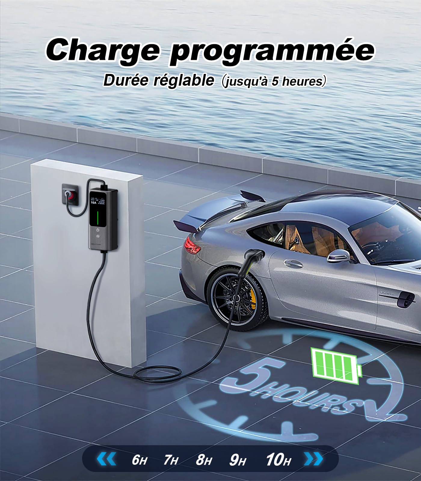 Chargeur Voiture Electrique | 6-16A | 11kW | 5 Mètre Type 2- Triphasé CEE Portable EV Chargeur Station de Charge Mobile/Wallbox, Puissance réglable, Temps de réglage