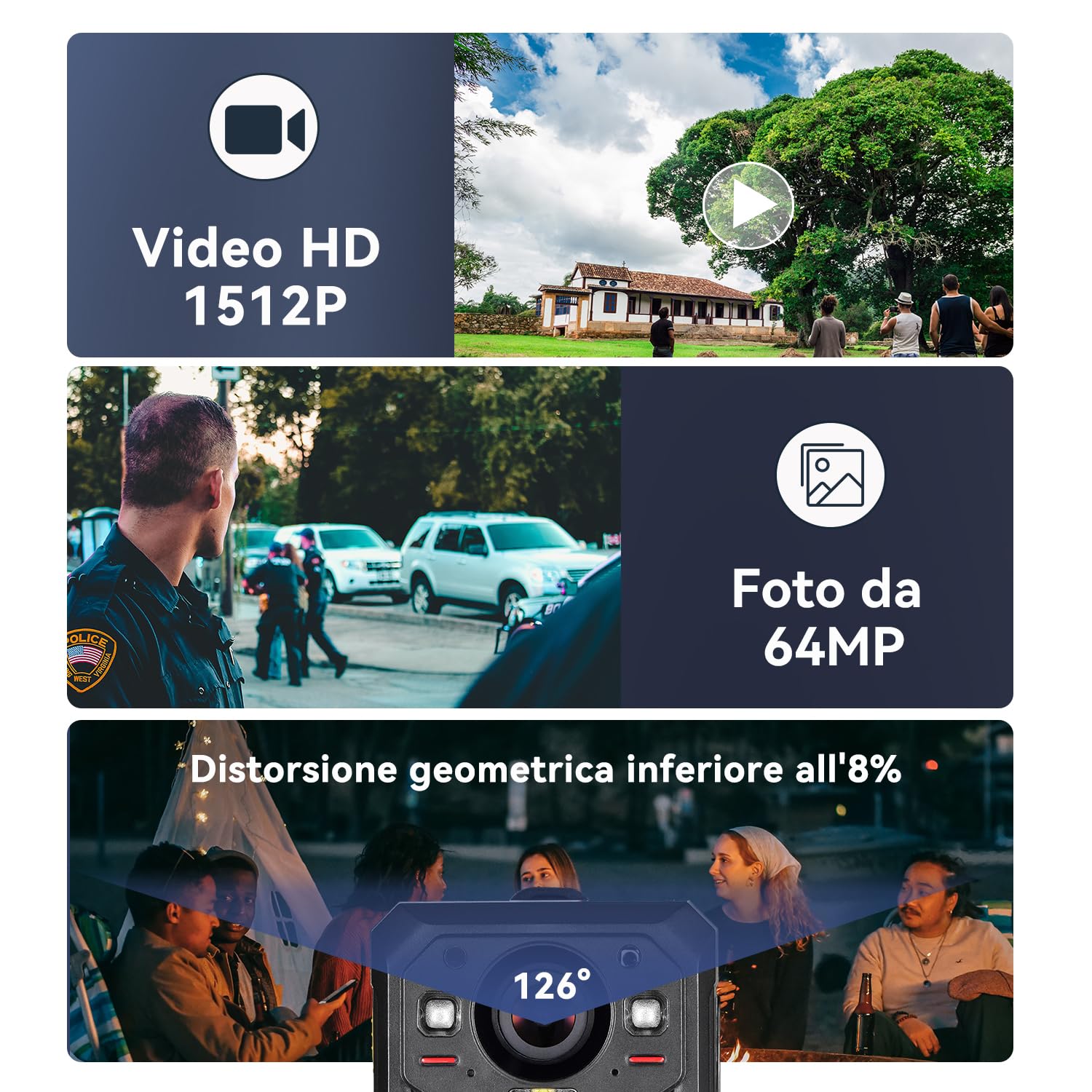 Body-Kamera, EIS Polizei Body-Kamera mit eingebautem 3600mAH Akku, 13 Stunden Videoaufnahme, 1512P HD Körperkamera(64G)