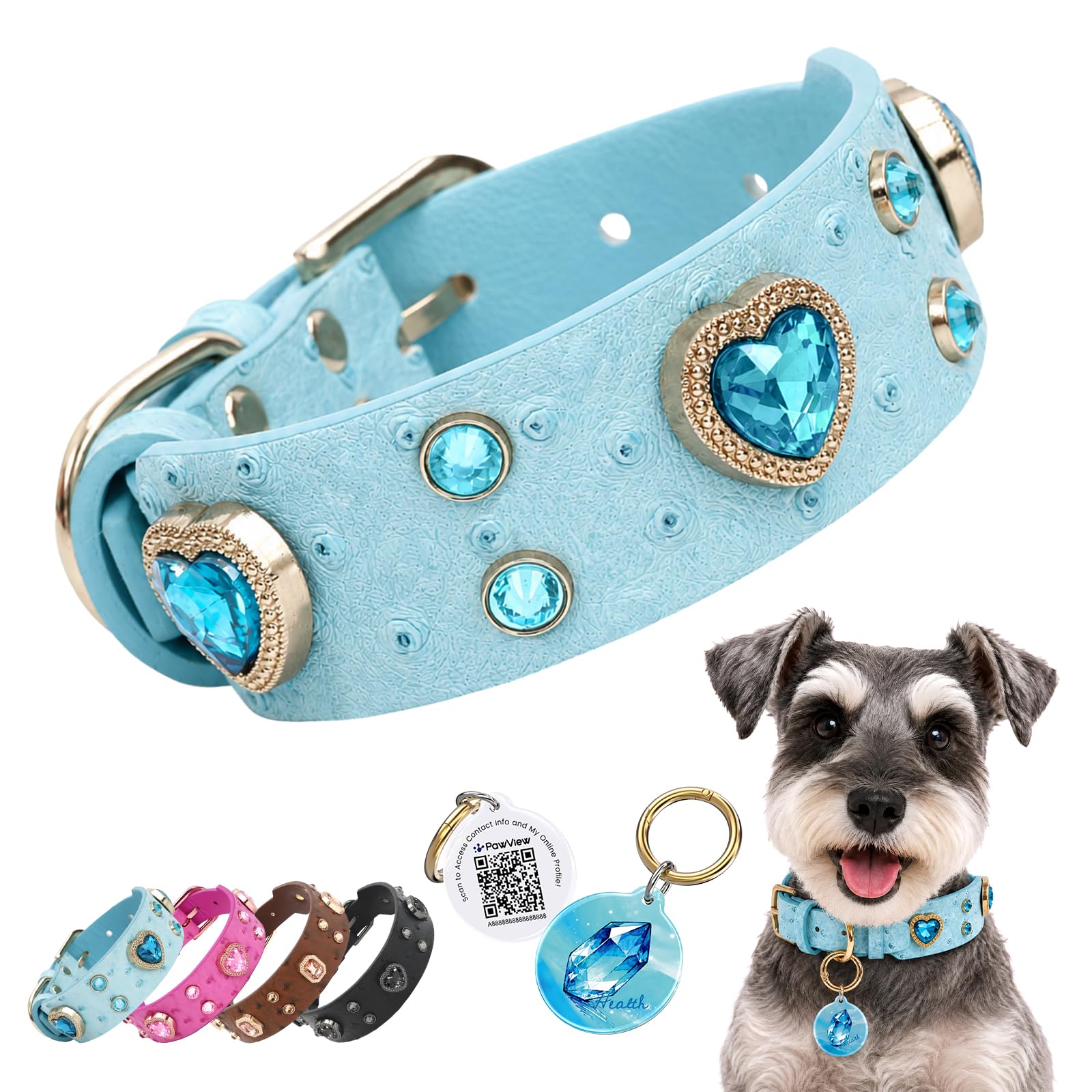 PawView Rhinestone Dog Collar with Smart QR Code ID Tag, Personalised Wide Adjustable Waterproof Leather Collar for Small, Medium & Large Dogs, Blue, M