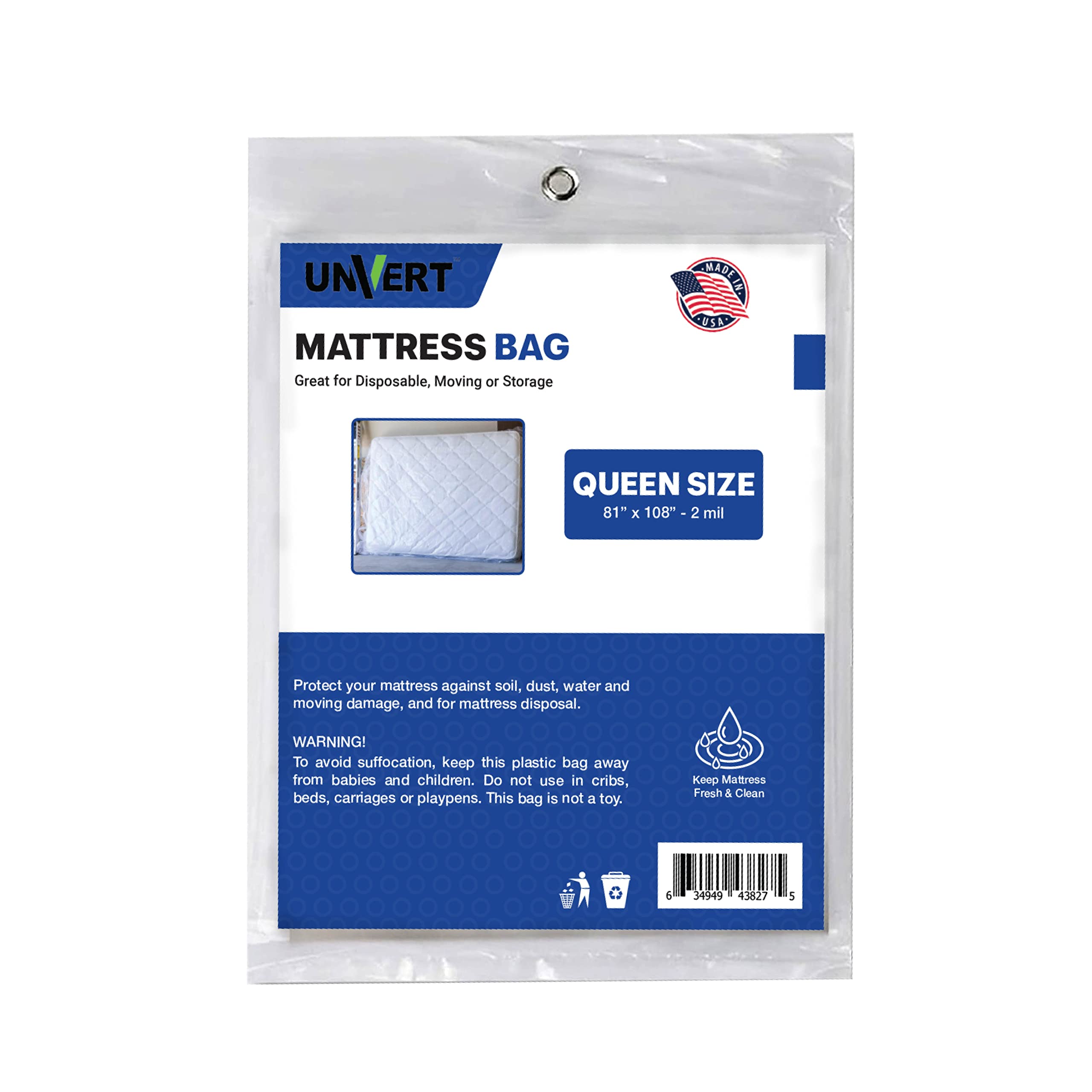Queen Mattress Bag for Moving and Storage - Heavy Duty 2 Mil 90 x 100 - Made in