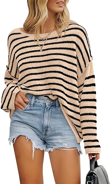 BTFBM Women's Striped Knit Sweaters 2025 Spring Fall Boat Neck Off Shoulder Long Sleeve Oversized Casual Pullover Tops