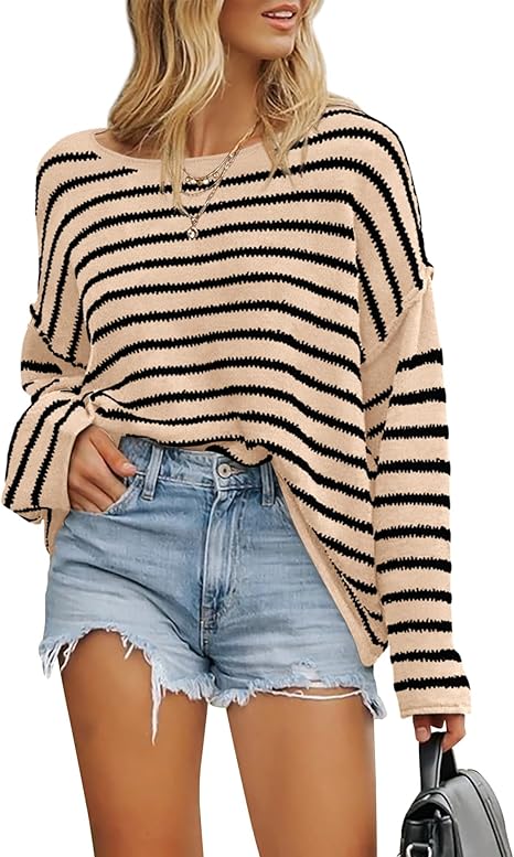 BTFBM Women's Striped Knit Sweaters 2025 Spring Fall Boat Neck Off Shoulder Long Sleeve Oversized Casual Pullover Tops