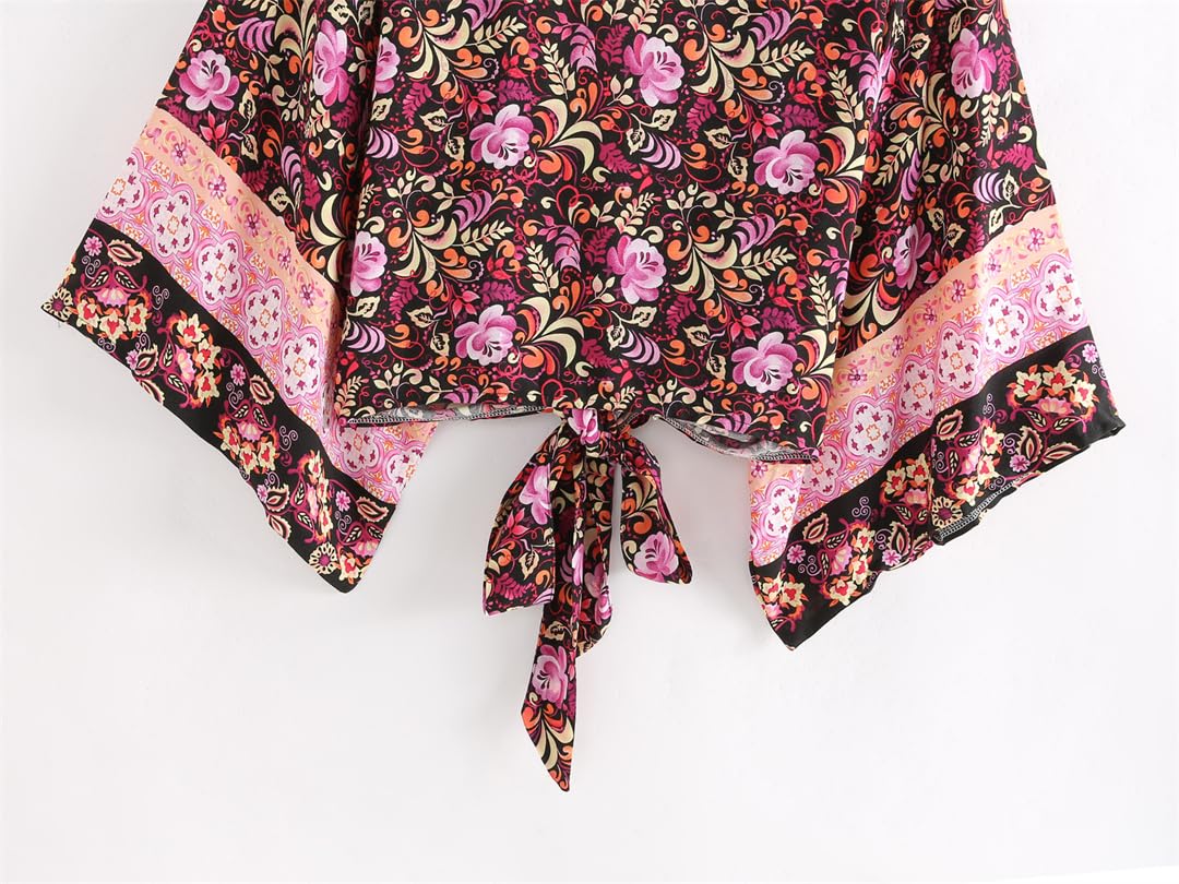 Vintage Boho szlafrok krótkie okrycie bikini upy sztuczny jedwab bawełniany rękaw nietoperz lato plaża okrycie damskie
