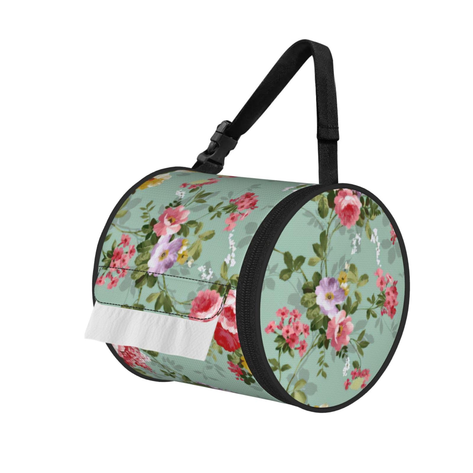 Flower Print Cylinder Tissue Holder Bag With Strap, Portable Roll Dispenser Case For Car Rv Camping