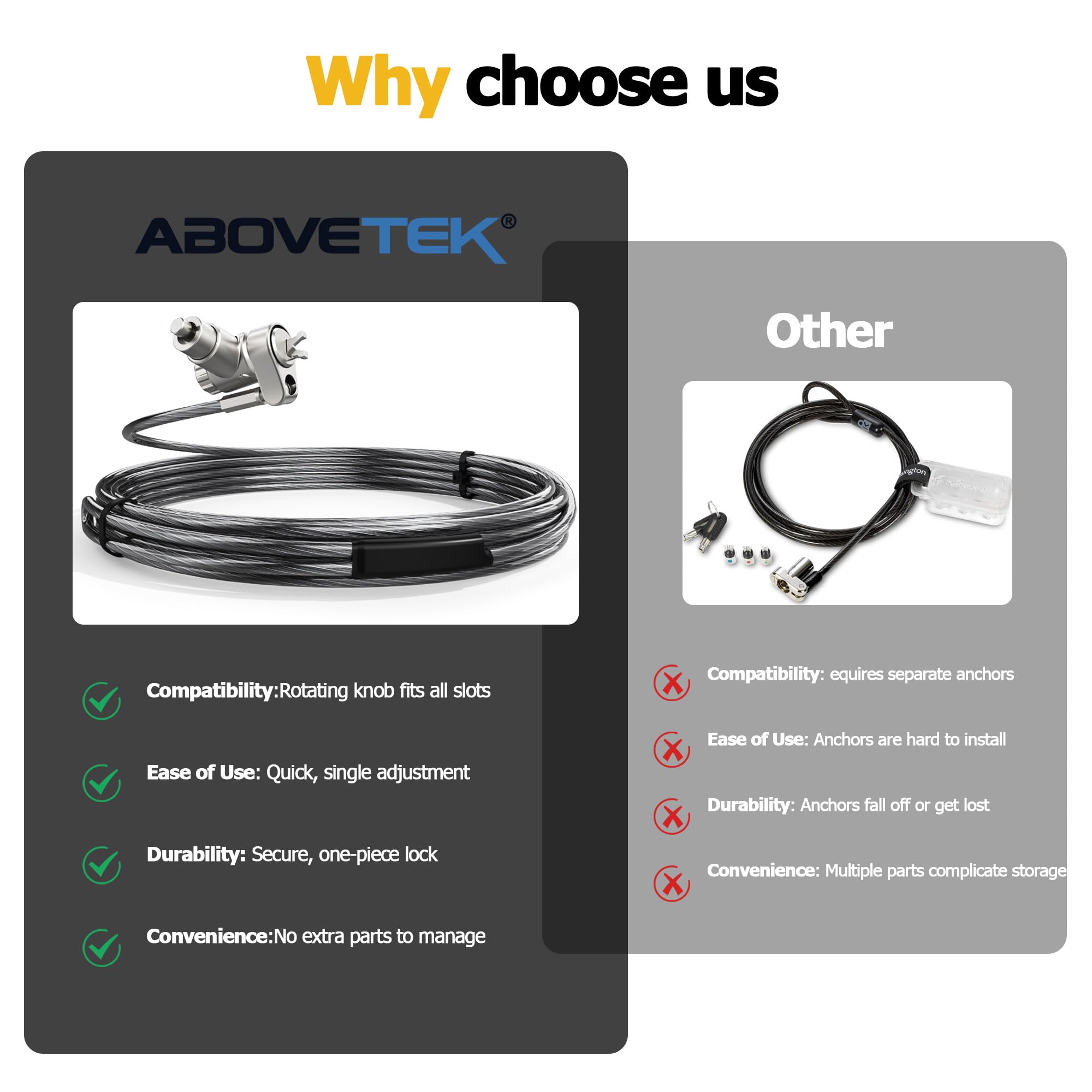 AboveTEK Candado para Ordenadores Portátiles: Cable de Seguridad 3 en 1 de 2m para Escritorio, Sistema Universal Antirrobo con 2 Llaves para Portátiles, Compatible con K-Slot, Nano y Wedge Slot