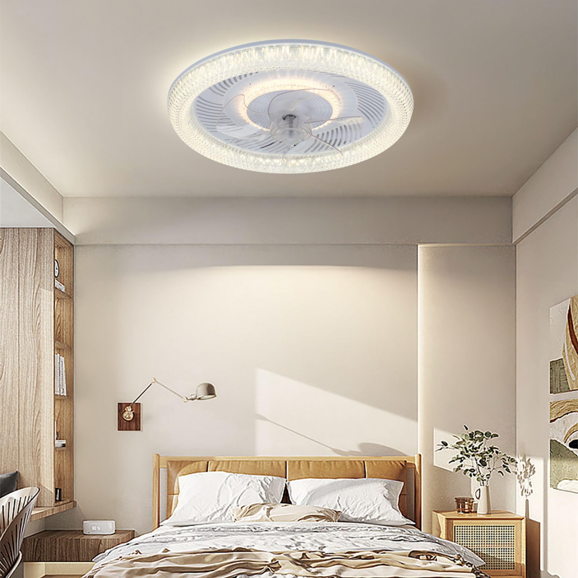 LED Deckenventilator mit Beleuchtung und fernbedienung 6 Geschwindigkeiten | und 3 Farbtemperatur Weiß Rund Kristall Moderner Ventilator Leise mit Licht für Schlafzimmer Zimmer 50CM