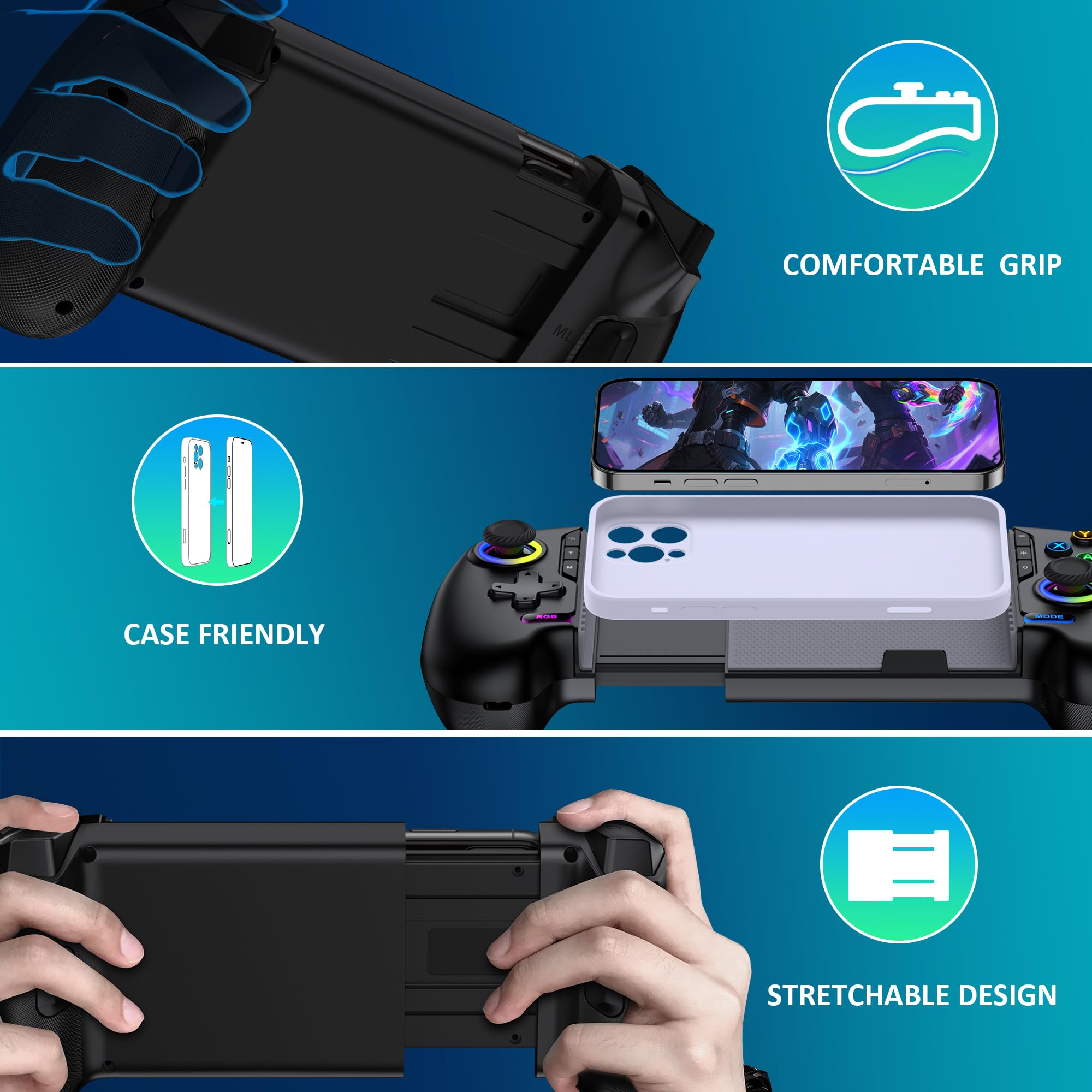Controlador de juegos móvil inalámbrico para iPhone/Android – Convierte tu iPhone en una consola de juegos – Juega Xbox, PlayStation, Cloud Gamepad para iOS con Hall Joystick, RGB, Turbo (negro)