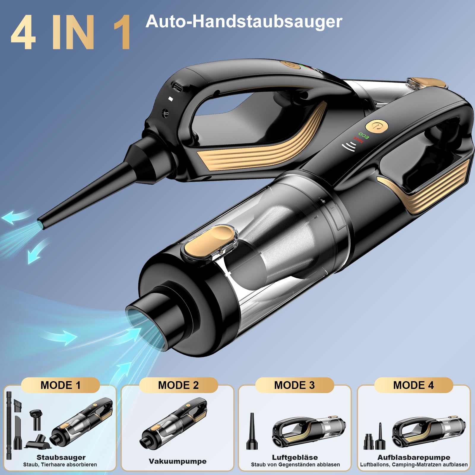 RABIGALA Handstaubsauger Akku 4-in-1, 27000PA Auto Staubsauger Stark, Autostaubsauger Kabellos mit 12V Kfz-Zigarettenanzünder-Anschlusskabel 5m, 2-Gang Handstaubsauger Auto für Auto, Haushalt