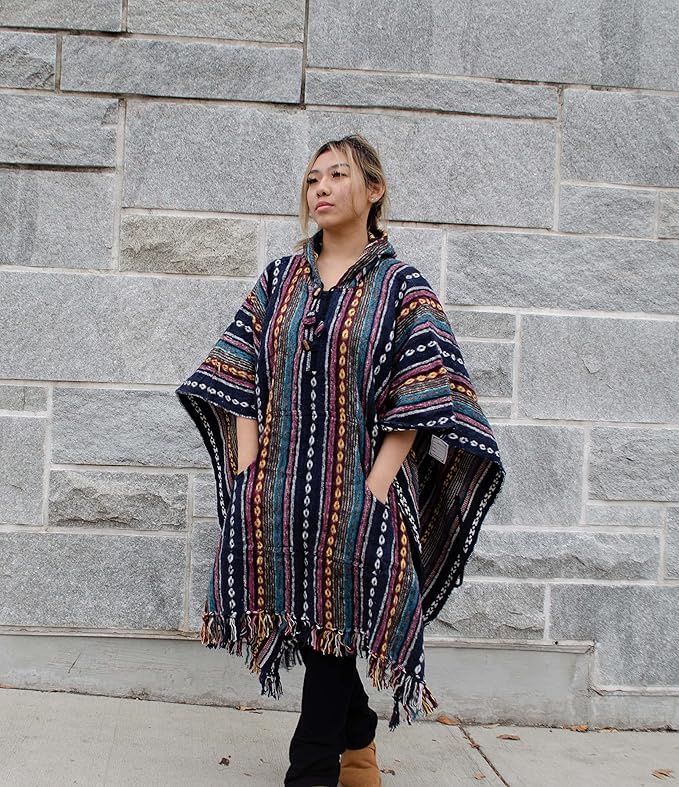 Nepalese Poncho Unisex - 100% Cotton Baja Hoodie | One Size Fits All | Hippie Sweater with Drawstring Closure Mexican Style Poncho2