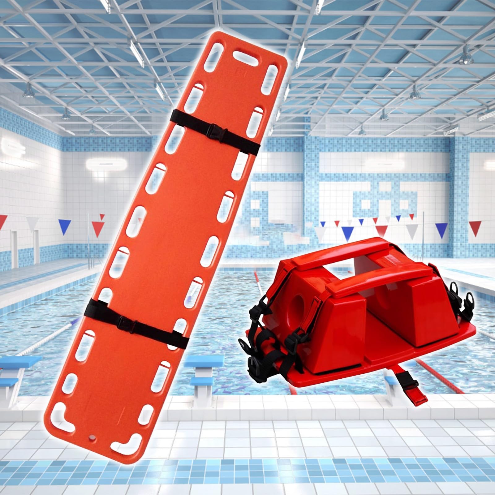 Portable Swimming Pool Life-Saving Board, Water Rescue Portable Stretcher with 3 Seat Belt & Head Immobilizer, 6.2 Ft Long Emergency Responder Backboard for Seaside