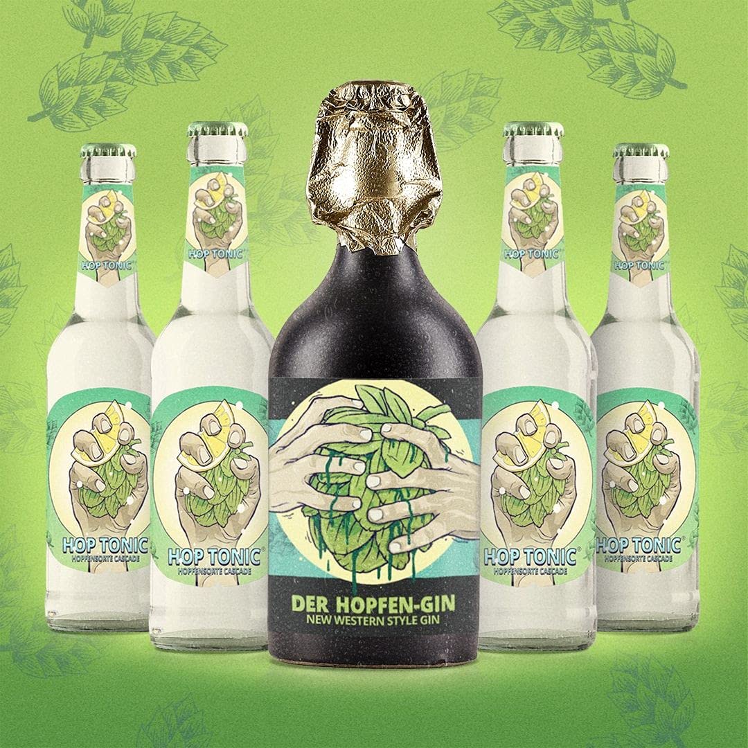 Hertl Gin Tonic Set aus Franken | Vier Flaschen feinstes Hop Tonic in Kombination mit herrlichen Hopfen-Gin: gebraut mit bayerischem Hopfen und verfeinert mit Malz | New Western Style | 37,5% vol.