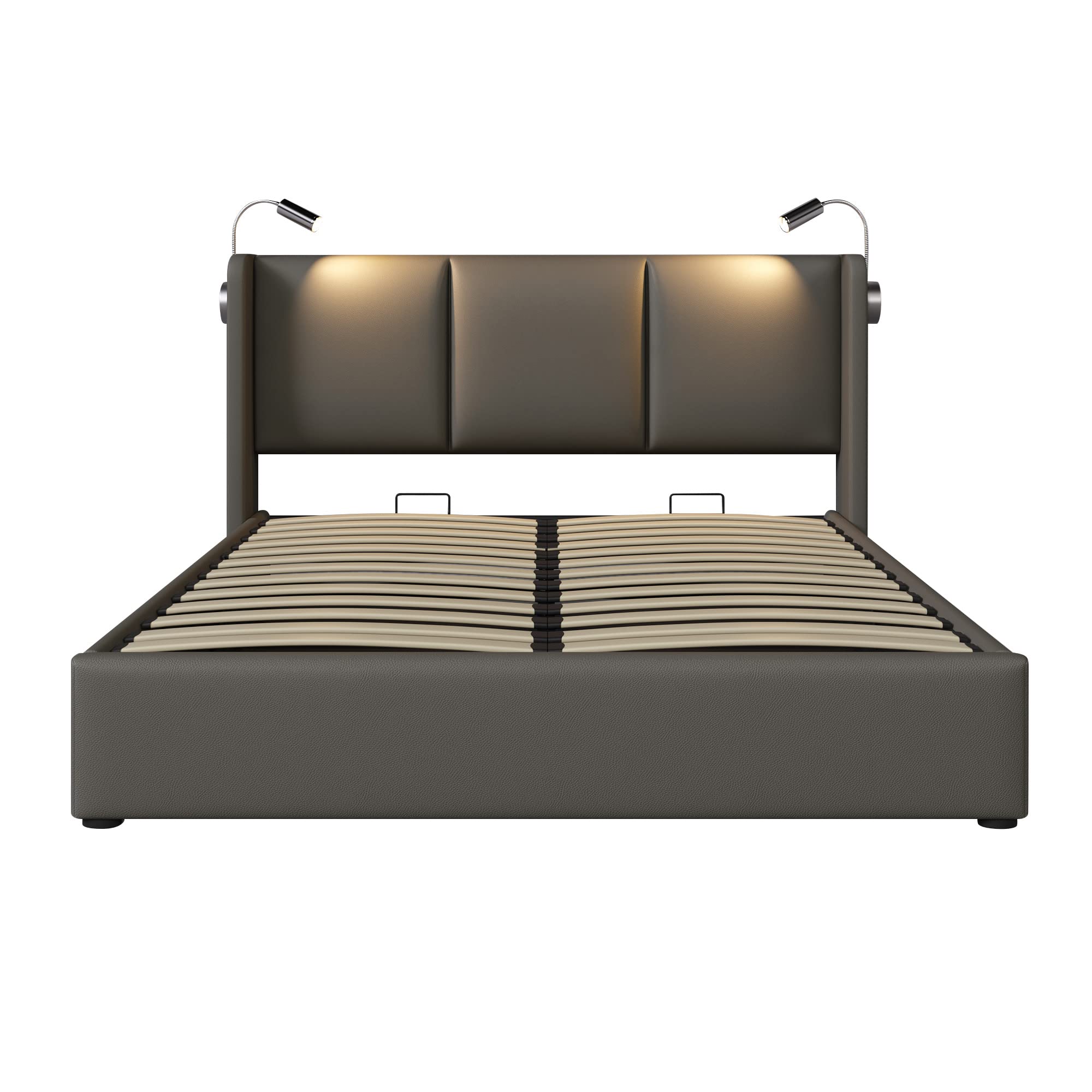 Letto imbottito per letto matrimoniale, contenitore da lettura con funzione di ricarica, testiera, struttura letto in poliuretano, 160 x 200 cm, con rete a doghe (con materasso)