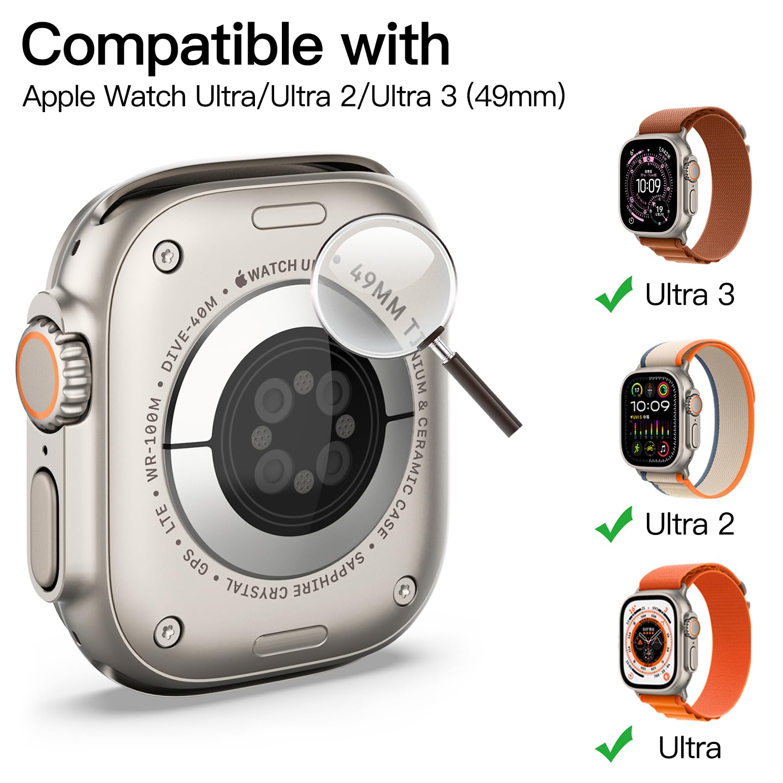 JETech Cover con Pellicola Protettiva per Apple Watch Ultra 3/2/1 49mm, Custodia Protettiva Complessiva, Pellicola Integrata in Vetro Temperato ad Alta Sensibilità, 2 Pezzi (Trasparente)