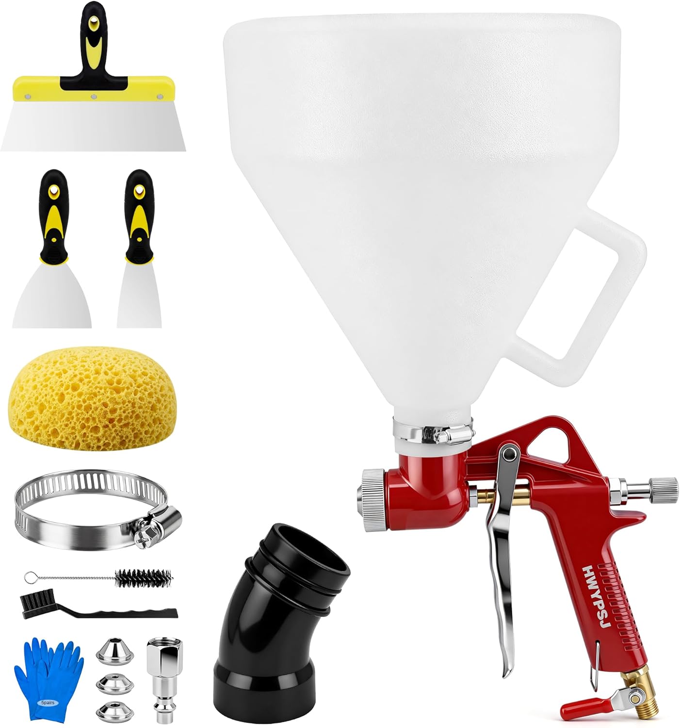 Drywall Texture Spray Gun Kit - 1.45 Gal Hopper, 3 Nozzles (4.0/6.0/8.0mm) & Elbow Hose for Popcorn,Knockdown, Orange Peel Texture on Walls & Ceiling, Includes Knockdown Knife & Sponge for Pro Finish